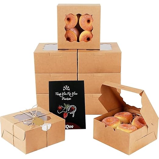 qiqee Kraft Cookie Boxes with Window 60packs 6x6x3 Brown Bakery Box Kraft Paper Boxes for Cookie, Pastry, Cupcake, Pie, Donut