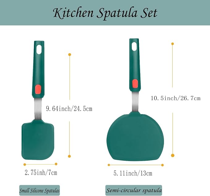 2Pcs Silicone Spatula Turner,Wide Pancake Spatulas utensils set for cooking,Heat Resistant Non-Stick Kitchen Use s for Flipping Pancakes, Omelettes, Fish,Dishwasher Safe.(Green)