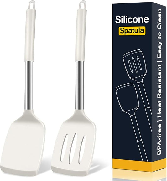 2 Pack Silicone Spatula Set, Solid & Slotted Turner for Non-Stick Pans, High Heat Resistant Silicone Spatula for Cooking, BPA-Free Stainless Steel Cooking Utensils for Fish, Eggs, Pancakes, Beige