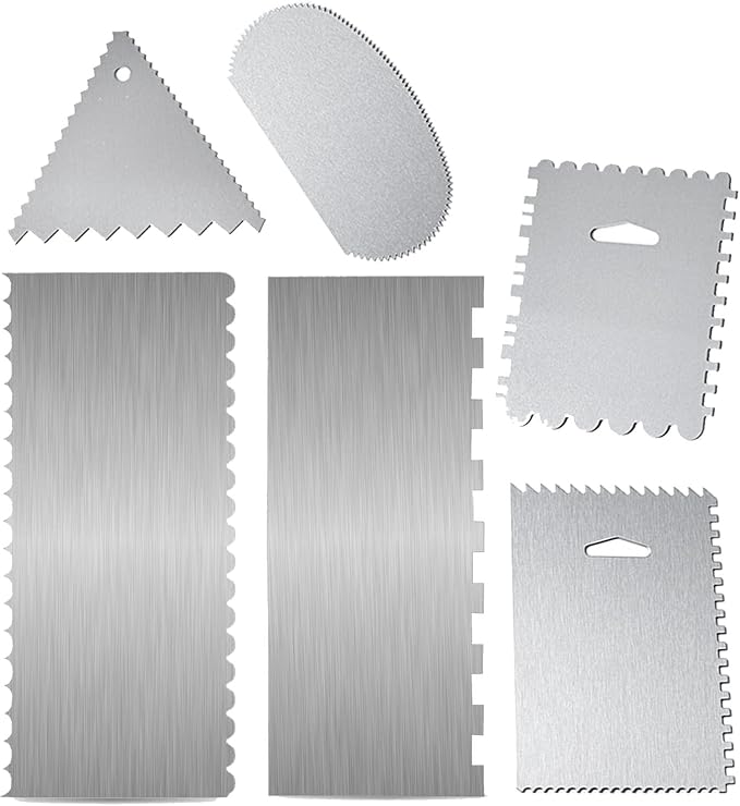 6 Pieces Stainless-Steel Cake Scraper Set, Double Sided Patterned Comb Metal Scraper 9 Inch, Edge Stripe Edge Baking Tools Smoother Scraper for Mousse Butter Cream Cake Decoration