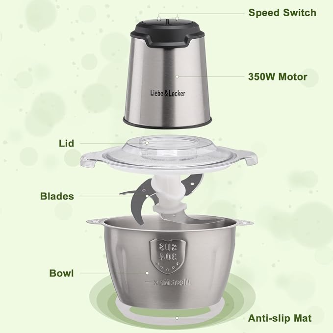 Liebe&Lecker Electric Food Chopper, 350W Food Processor with 8-Cup Bowl | Stainless Steel Meat Grinder with 4 Sharp Blades, 2 Speeds Mincer for Vegetables, Nuts, Homemade Puree Recipes, Zero BPA