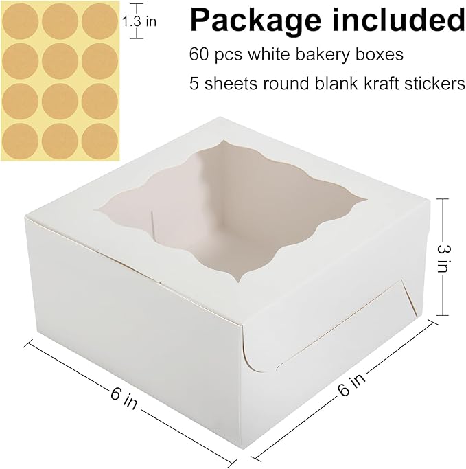 60 Pcs Bakery Boxes with Window, 6 x 6 x 3 Inches, White Cookie & Pastry Boxes for Baked Goods