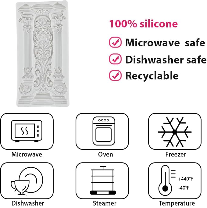 European Vintage Roman Column Silicone Mold Baroque Relief Pattern Pillar Fondant Molds for Cake Decorating Cupcake Topper Candy Polymer Clay Chocolate Gum Paste