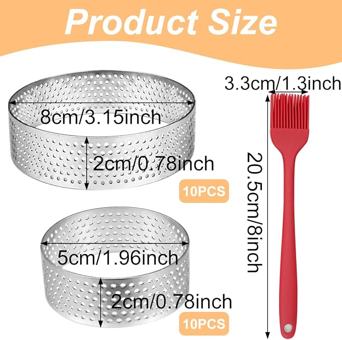 20 Pack Tart Rings 3.15 + 2 Inch Perforated Tart Rings Stainless Steel, Nonstick Round Tart Ring Mousse Cake Ring Metal Round Cake Ring for Baking Small Fruit Tartet Crust
