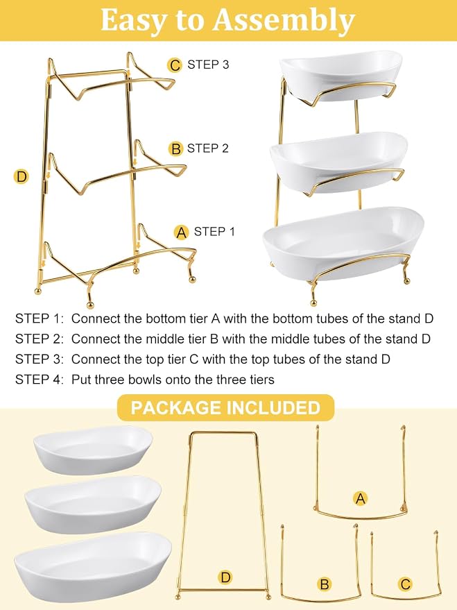 Fruit Bowls for Kitchen Counter, 3 Tier Ceramic Fruit Basket with Serving Bowls Metal Stand, Tiered White Porcelain Bowls for Fruit Vegetable Storage, Snack, Nuts, Cake, Dessert