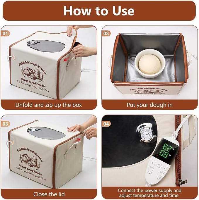 Foldable Dough Proofer Box with 70-130℉ Temp Control & 12H Timer, Proofing Box for Sourdough, Bread Baking, Pizza, Yogurt, Kombucha, Space-Saving & 5-Layer Fabric