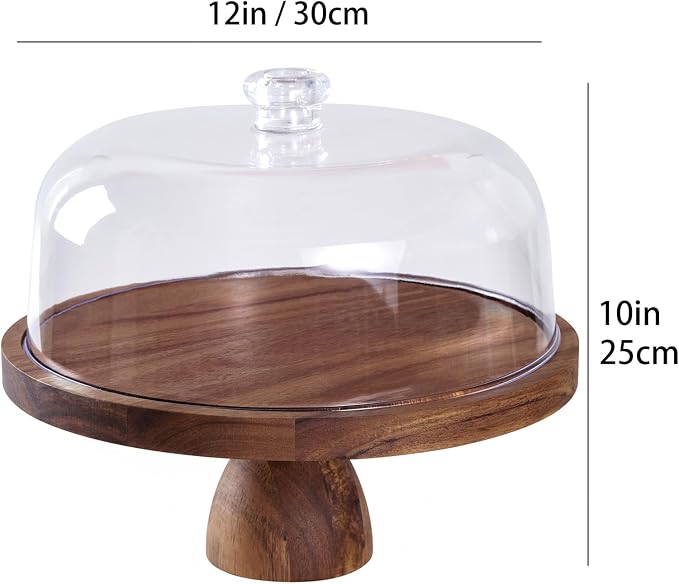 LiTY Cake Stand with Lid, Multi-Functional 12in Round Cake Holder, Acacia Wood 2-in-1 Dessert Table Display Set, Charcuterie Board for Cheese ,Fruit Platter, Large Acrylic Cake Dome Cover