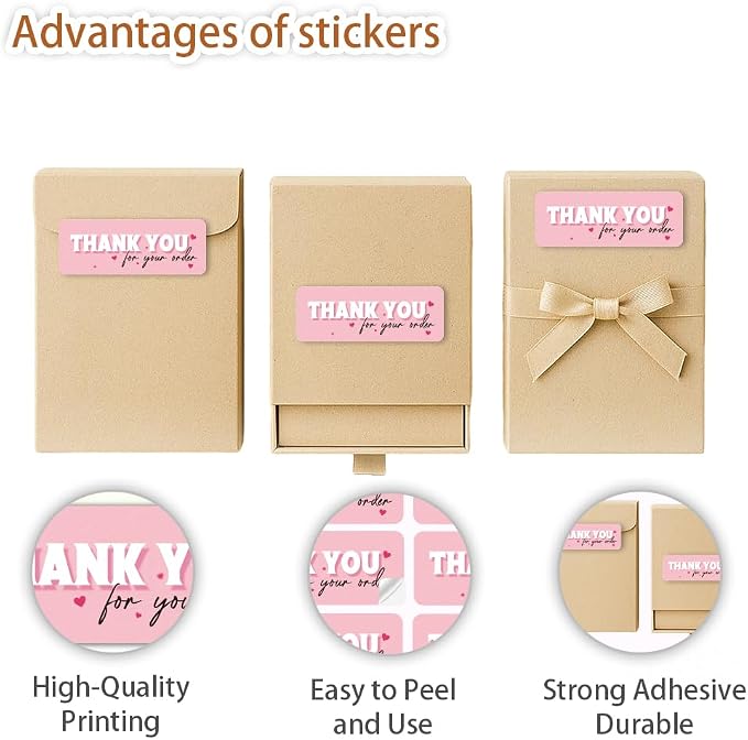 180 Pcs Thank You Stickers, Pink Thank You for Your Order Stickers Appreciation Labels Self-Adhesive Waterproof Stickers for Envelopes Packaging Businesses Gifts