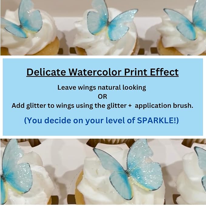 Edible Butterflies with Edible Glitter Kit - Wafer Paper Butterflies for Cakes - Cake Decorations - Cupcake Decorations - Cake Toppers (Paradise Blue)