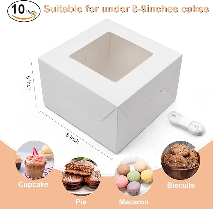 10pcs 8x8x5 Inches Cake Boxes, White Bread Boxes with Windows for Pastries, Cupcakes,Cookies, Pie, Muffins and Donuts