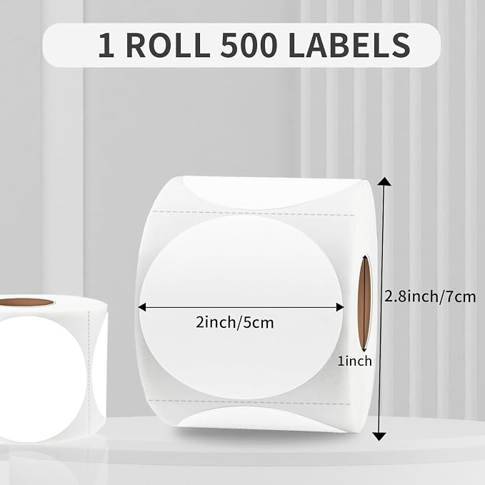 starboling Thermal Labels,2 Inch White Round Thermal Printer Stickers,Self-Adhesive Round Direct Thermal Labels,Thermal Stickers for DIY Logo Design,Name Tag (500/Roll）