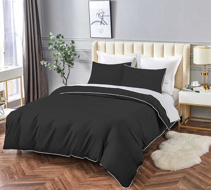 DAUAOTO Twin/Twin XL Bedding Set - 1 Duvet Cover + 1 Pillow Sham, Black with Decorative White Piping, Dorm Microfiber Bedding