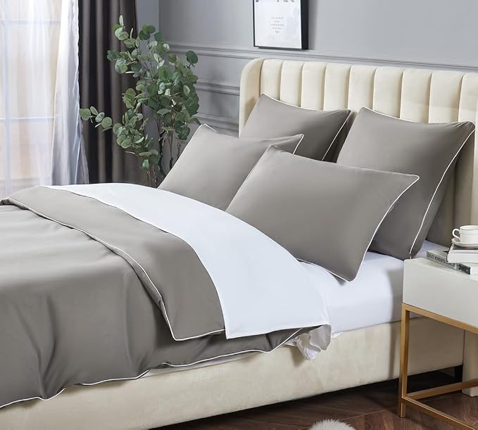DAUAOTO Euro Shams 26"x26" Square Pillow Cushion Cover 2 Pieces Set Microfiber (Gray with Decorative White Piping)