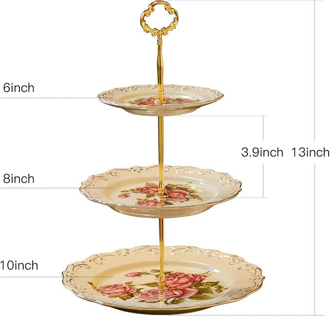 YOLIFE Pink Rose Pattern 3 Tiered CupCake Stand, Emboss Golden Leaves Edge Porcelain 3 Tier Pastry Desert Fruit Stand