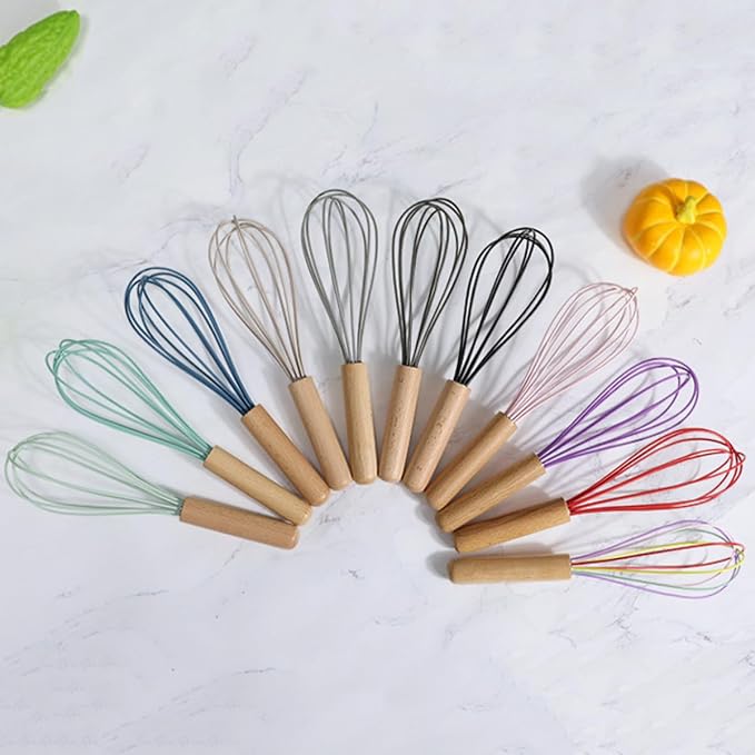 1-Piece Rainbow Silicone Whisk with Wooden Handle BRIIEC 10-inch Non Stick Balloon Whisk Egg Beater for Pancake Batter, Eggs and Egg Whites, Cake Mix, Blending, Gravy and Sauces