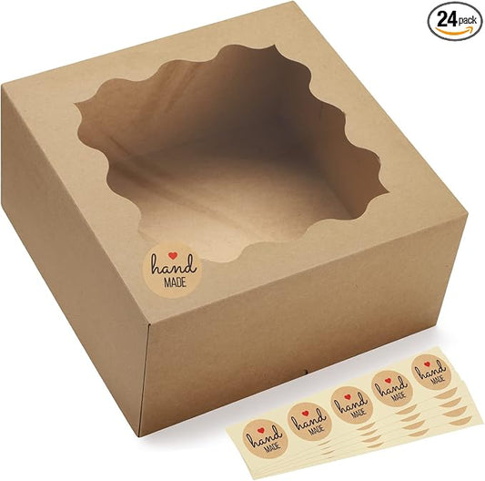 Eupako Auto-popup 10x10x5 Cake Boxes with Window, 24pcs Quick Fold Brown Bakery Boxes, Easy Assemble Gift Box for Pies, Cookies, Pastries, Chocolates, Party, Wedding