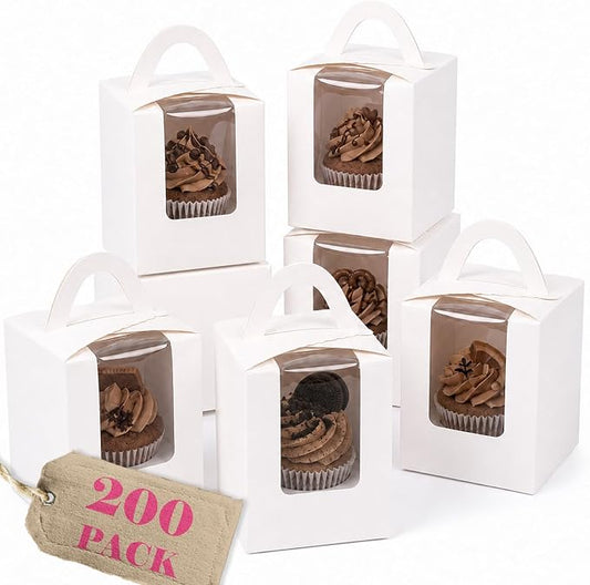 Bakepacker Auto-pop up Individual Cupcake Boxes with Window 200 Count White 3.6"X3.6"X4.3", for Cake, Treat Cookie Dessert, Pastry, Birthday Party, Weddings