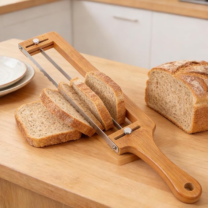 DECHOUS Adjustable Bamboo Bread Slicer with Stainless Serrated Blade and Thickness Guide for Homemade Sourdough Baguettes and Bagels