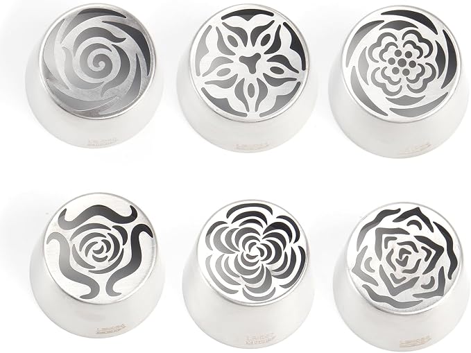Extra Large Russian Piping Tip Set - 6 Stainless Steel Marshmallow Buttercream Framing Nozzles for 3D Roses Tulip Cake Decorations and Marshmallow Bouquets, Includes 1 Cleaning Brush(6J)