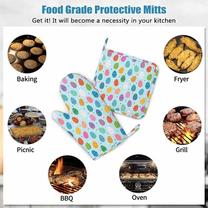 Mxocom Easter Eggs Oven Mitt and Pot Holder with Silicone Easter Colored Eggs on Blue Background Heat Resistant Kitchen for Cooking BBQ Baking Grilling Spring/Summer