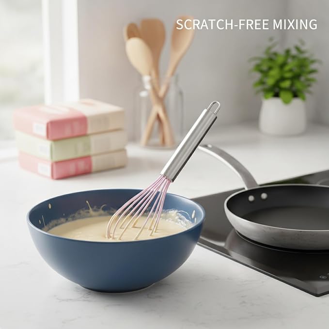Silicone Whisk, Non-Scratch Coated Wires with Stainless Steel Core for Mixing Batters and Sauces in Nonstick Cookware, 13 Inch (1 PC)