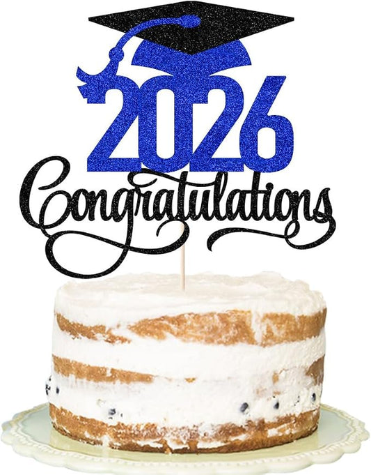 Black Dark blue Glitter 2026 Congratulations Graduation Cake Topper,Congrats Grad Cake Decor - 2026 High School/College/Senior Graduation Party Decorations Supplies