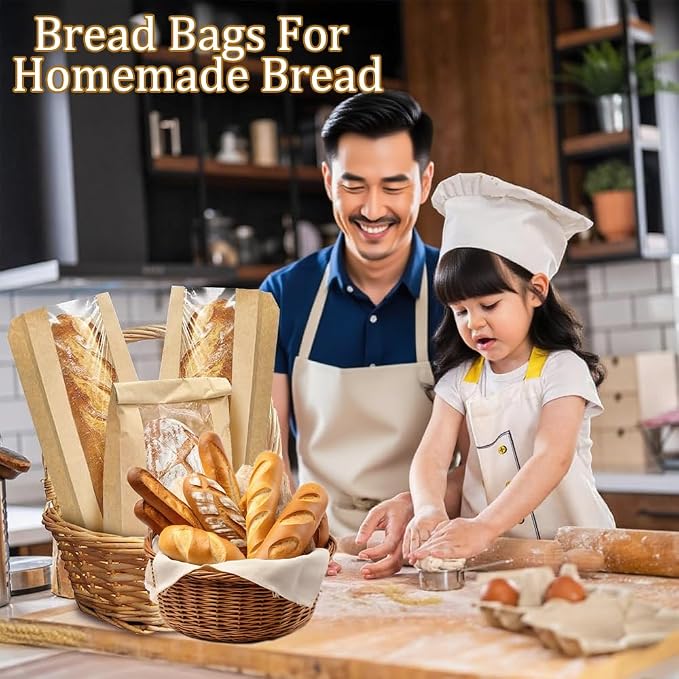Bread Bags for Homemade Bread with 1000 Labels, 120-Pack 4.5 x 1.6 x 23.6 Inch Paper Bags for Bread with Clear Window, Bakery Gift Packaging for Baguette, Sourdough Storage