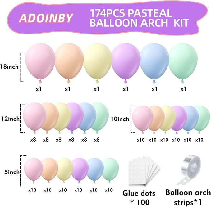 Pastel Balloon Arch Kit, 174Pcs Macaron Assorted Colors Balloons and Stars Balloon Garland kit, Different Size Balloons Kit for Baby Shower Birthday Wedding Easter Rainbow Party Decorations