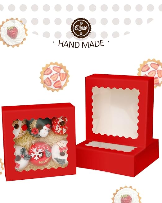 qiqee Red Pastry Box With Window 8x8x2.5 inch Donut Pie Boxes 30pcs Bakery Box Auto-pop up