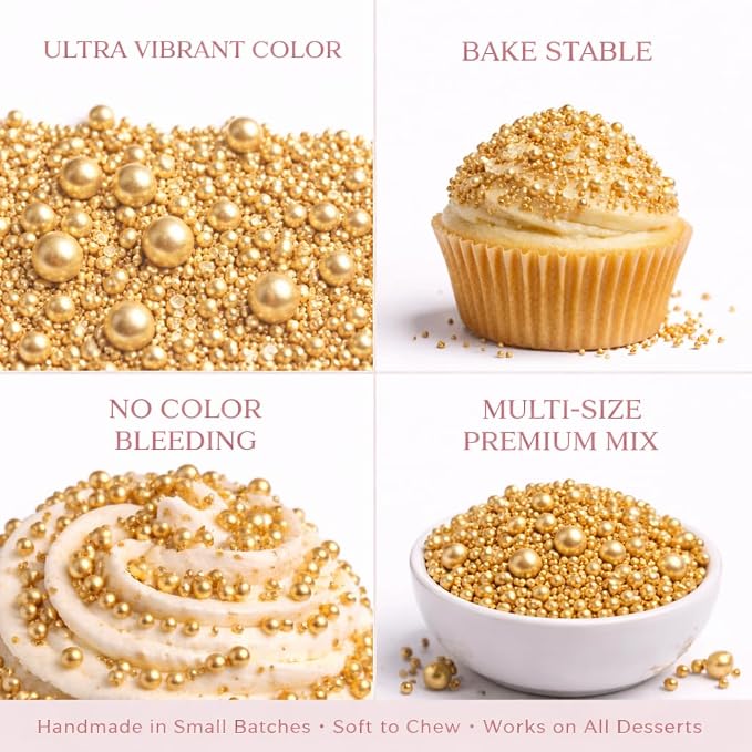 ConfectChampagne Gold Sprinkles – Premium Metallic Pearl Cake & Cupcake Sprinkles (4.2 oz / 120g) – Bake Stable, Soft Chew, No Synthetic Dyes – Edible Decorating Sprinkles for Weddings & Baking