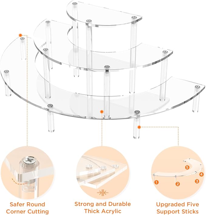 Dooiclear 3 Tier Acrylic Display Risers 2 Pack, Half Moon Cupcake Stand, Clear Perfume Organizer, Dessert Stand for Display, Clear Display Stand for Food, Cupcake, Perfume, Collections