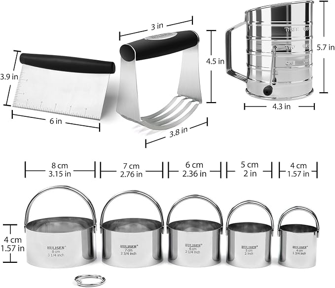 HULISEN Pastry Cutter, Dough Blender, 3 Cup Flour Sifter and Biscuit Cutter, Stainless Steel Dough Cutter, Professional Baking Dough Tools for Cooking Cookies and Donuts(4 Pcs/Set)
