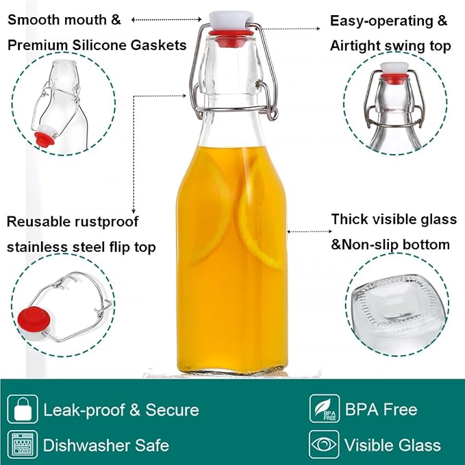 ZEBEIYU Swing Top Glass Bottles 8 oz with Airtight Lids for Home Brewing, Kombucha, Kefir, Vanilla Extract, Beer, Oil, Vinegar, Homemade Juices, Water,Soda Set of 9