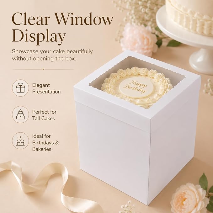 JCD White 10x10x12 Corrugated Tall Cake Boxes for 8in Multi-Layer Cakes | Thick corrugated boxes anti-collapse for long-distance delivery; 12in ultra height fits large cake toppers & flower decor