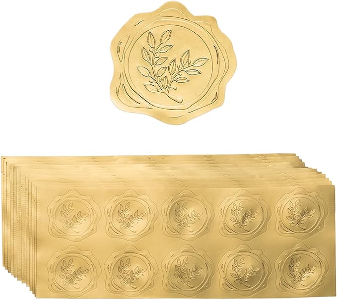 300 Pieces Embossed Gold Foil Stickers, Gold Olive Branch | For Envelopes, Wedding Invitations, Christmas Greeting Cards