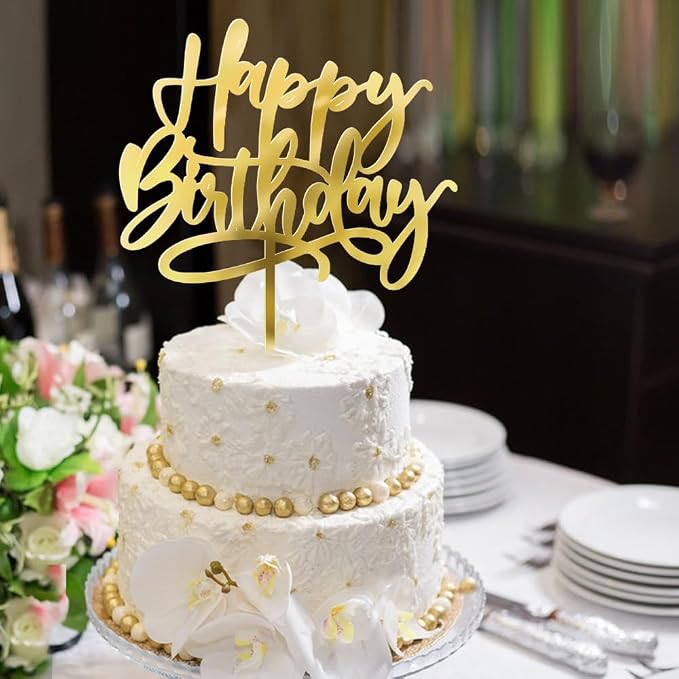 Kaoenla Golden Acrylic Cake Topper, Birthday Party Decoration, 1 Piece, Cardboard, 6.1in*5.2in, Gold