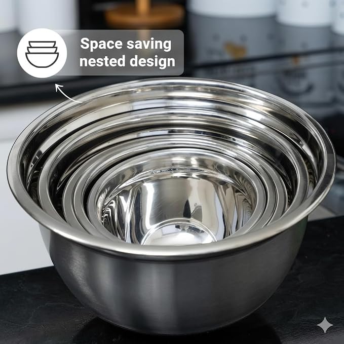 WHYSKO Stainless Steel Mixing Bowls with Lids Set - 5 Rustproof Metal Nesting Mixing Bowls Set for Kitchen, Meal Prep, Baking, Cooking, Storage, Dishwasher Safe - .75, 1, 1.5, 3 and 5 qt bowls