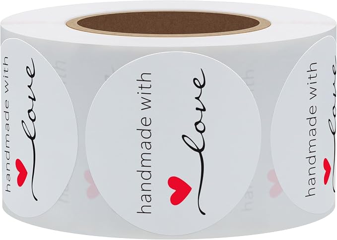 Hybsk Handmade with Love Stickers 1.5" Inch Round Total 500 Adhesive Labels Per Roll (White)