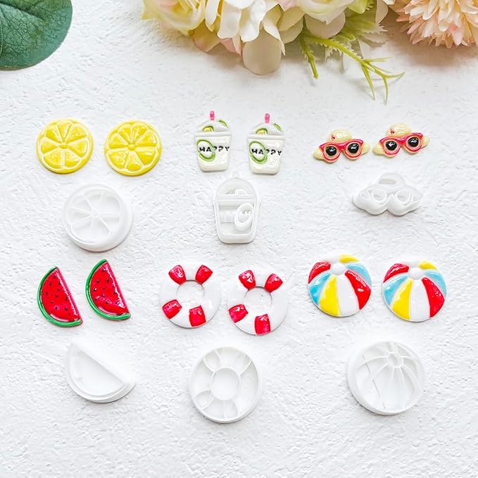 Summer Beach Polymer Clay Cutters Set Vacation Shapes Including Watermelon, Lemon, Sailboat, Surfboard & Beach Ball for DIY Earring Jewelry, Soft Clay Crafts, Scrapbooking & Miniature Decor