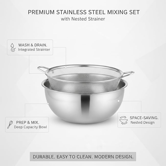 Home Cooks Stainless Steel Mixing Bowl Set with Nested Strainer for Efficient Washing and Food Prep