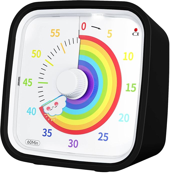 Yunbaoit Upgraded Visual Timer with Protective Case, Silent 60 Minute Countdown Timer for Kids and Adults with Low Power Reminder Clock Time Management Tool (Black Rainbow)