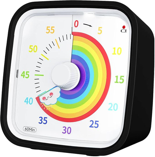 Yunbaoit Upgraded Visual Timer with Protective Case, Silent 60 Minute Countdown Timer for Kids and Adults with Low Power Reminder Clock Time Management Tool (Black Rainbow)