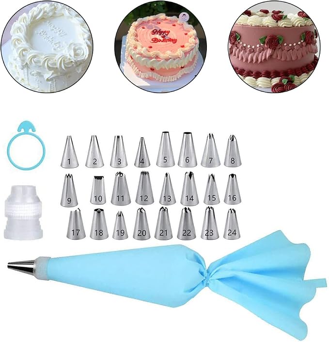 Piping Bags and Tips Set 27 Piece, 24 Stainless Steel Nozzles with Reusable TPU Piping Bag, Coupler and Silicone Tie, Bag 11.81 x 6.69 in, for Cupcakes Cookies and Filling