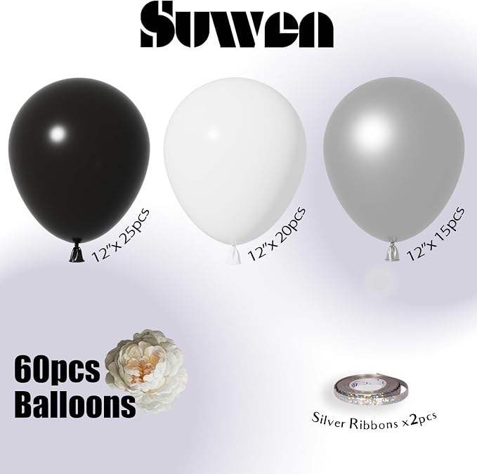 SUWEN Black and Silver Balloons,60pcs 12 inch Black White Silver Metallic Chrome Balloons for New Year Birthday Wedding Anniversary Party Decoration