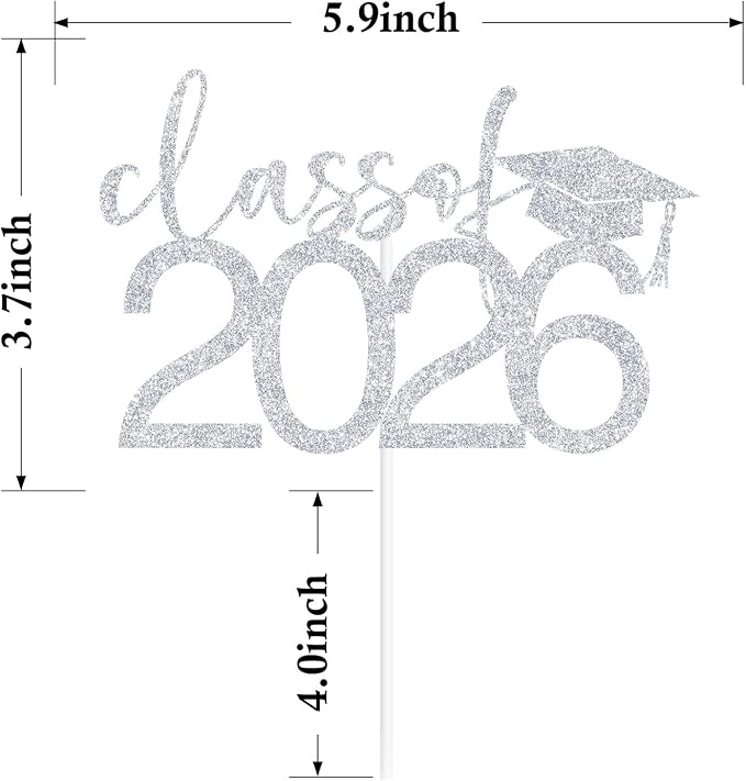 Class of 2026 Cake Topper, Congrats 2026 Cake Décor, Congrats Grad, Happy Graduation, High School/Senior/University Graduation Party Decorations Silver Glitter