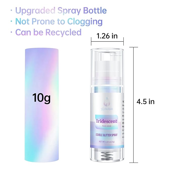 Iridescent Edible Glitter Spray – Herbeklab 10g Food Grade Rainbow Edible Shimmer Spray for Cakes, Cookies, Chocolate, Strawberries, Drinks and Cocktails– Upgraded Bottle Design