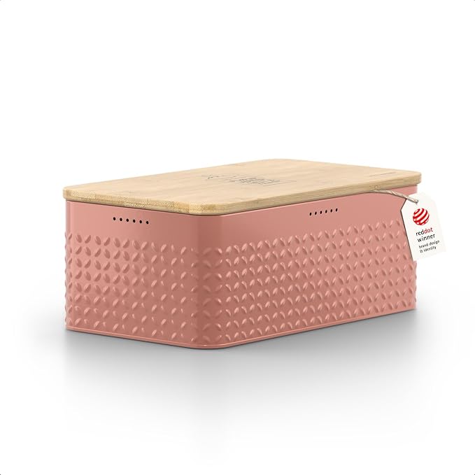 LARS NYSØM Bread Box I Metal Box for long lasting freshness I Bread Bin with bamboo lid usable as cutting board I 13.4x7.7x5.3In (Brick Red)