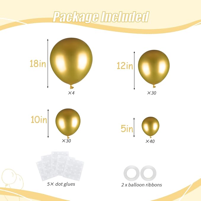 104pcs Metallic Gold Balloons - 18/12/10/5 Inch Chrome Gold Latex Balloons Garland Arch Different Sizes Pack for Birthday, Wedding, 2026 New Year's Eve Party Decorations