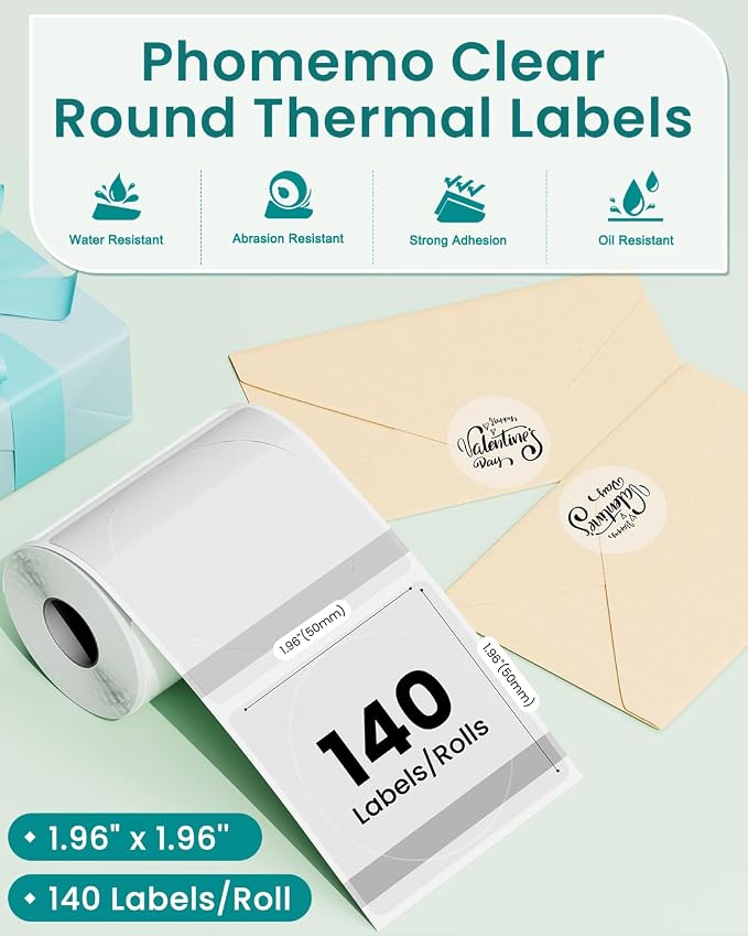 Phomemo Thermal Labels - Clear Circle Labels, M110/M220/M221/M120/M200, Transparent, 1.96"x1.96" (50x50mm), Round Stickers for Logo/Barcode/Address