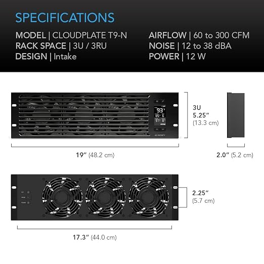 AC Infinity CLOUDPLATE T9-N, Rack Mount Fan Panel 3U, Intake Airflow, for Cooling AV, Home Theater, Network 19” Racks